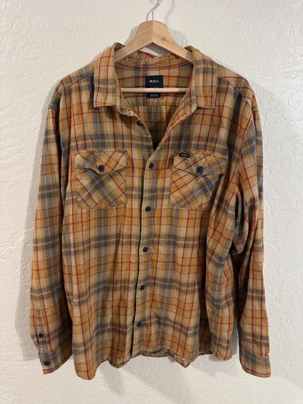 RVCA 100% Cotton Fall Yellow Plaid Button Up Mens Shirt
